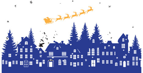Christmas vector illustration of Santa Claus flying in a sleigh with reindeer over a blue winter town silhouette with pine trees © NEYDI