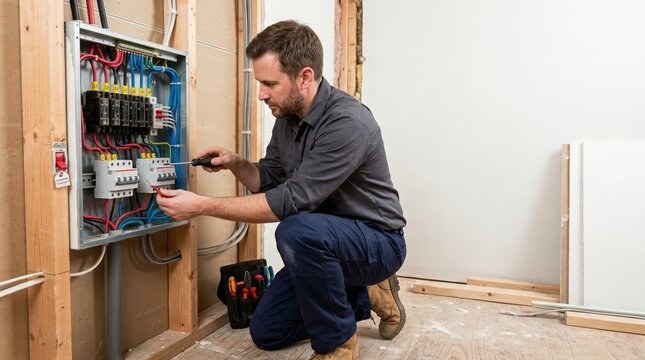 Male electrician working on an electrical panel in an unfinished residential wall. Professional contractor upgrading home wiring with a screwdriver. House renovation and maintenance concept