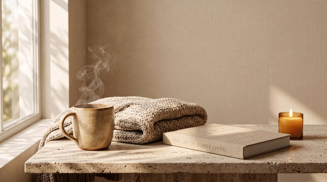 cozy ceramic mug with hot tea blanket and book on stone table