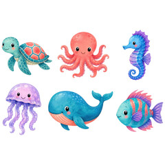 Fototapeta premium A charming collection of cute marine life, including a turtle, octopus, seahorse, jellyfish, whale, and fish, presented in a delightful cartoon style.