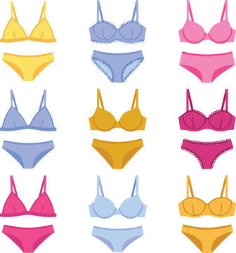 Women underwear and lingerie sets vector illustration collection featuring colorful bras and panties icons isolated on white background for fashion shopping concepts.