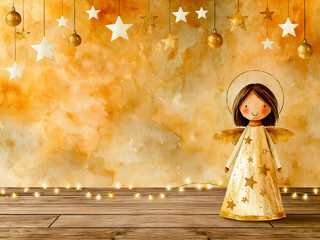 Obraz premium Cute Christmas Angel Watercolor Background – AI Generative