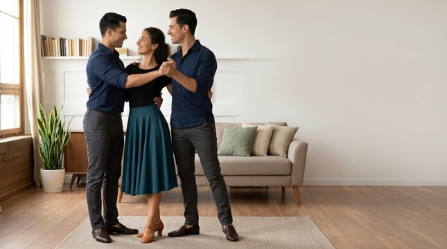 Friends dancing together in a modern living room. Happy group practicing dance steps at home. Indoor social activity