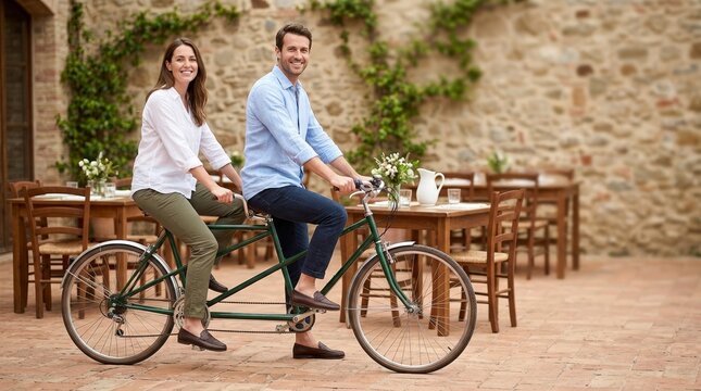 Happy couple riding a green tandem bicycle on a rustic restaurant terrace. Man and woman cycling together in a paved courtyard. Leisure and teamwork concept