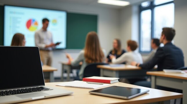Elegante espacio de trabajo para el profesor en la parte delantera de un aula moderna, con laptop y tableta digital