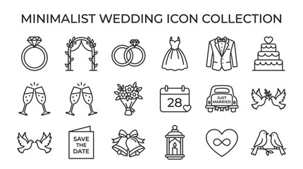 Fototapeta premium Minimalist wedding icon collection featuring various marriage celebration symbols in black line art style.