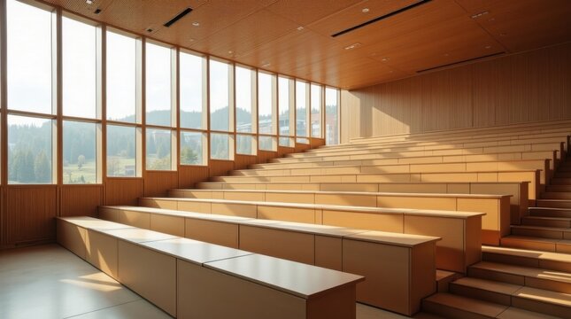 Aula universitaria con asientos escalonados, acabados en madera y ventanales panor&aacute;micos