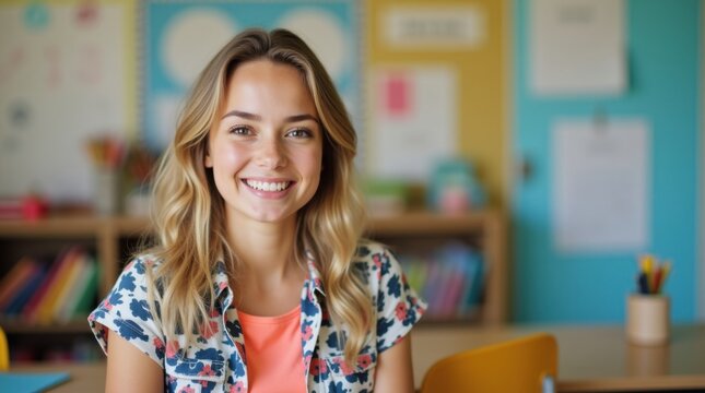 Maestra joven de escuela primaria vestida con ropa moderna y colorida