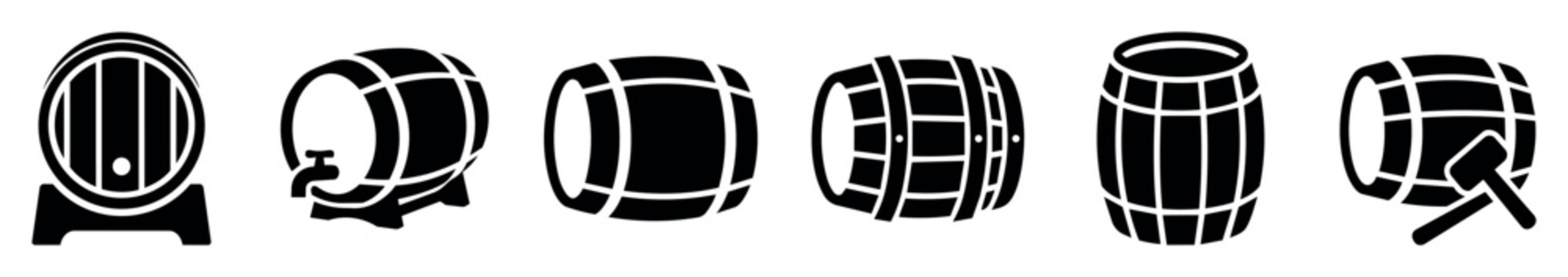 Set of barrel and cask vector icons with different styles including wooden barrels, drink casks, tap barrels, and barrels with mallet for beverage storage and fermentation concepts