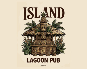 Island lagoon pub illustration. Tropical tiki bar vintage poster design. Polynesian culture exotic cocktail shack graphic. © DandiPdn