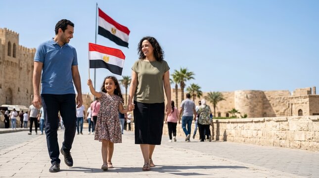 Family walking together at a historical site in Egypt. Young girl holding national flag with parents on a sunny day