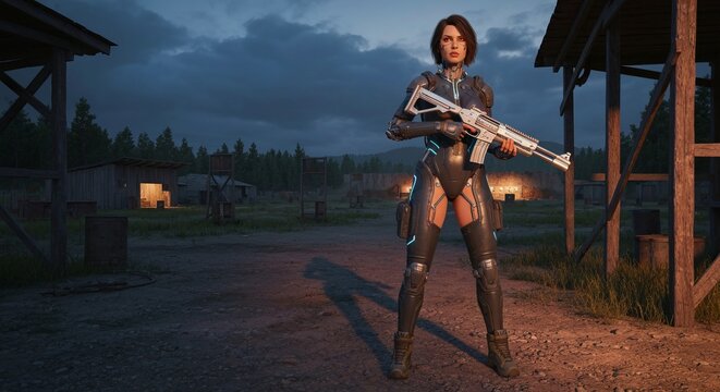Woman in cyberpunk techwear standing outside a rustic shooting training camp at dusk