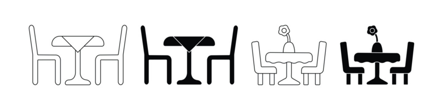 Restaurant Dining Table Icon Set &ndash; Cafeteria Furniture, Dining Table and Chairs, Family Meal, Cafe Interior, Outline & Silhouette Vector Collection