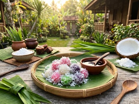 Authentic Indonesian Cenil with Grated Coconut and Palm Sugar Syrup