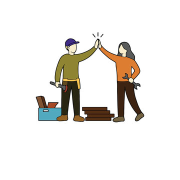 High-fiving a friend after successfully fixing something.