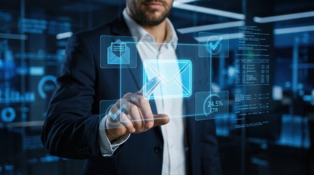 Man touching email icon on digital interface with analytics data.
