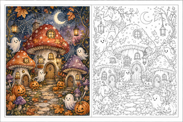 Obraz premium Halloween Mushroom Village Watercolor Coloring Page for Kids and Adults