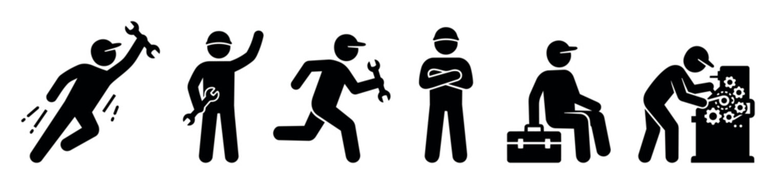 Mechanical workers and repair service concept. Vector illustrations of technicians with tools, maintenance workers running with wrenches, engineer with toolbox, and mechanic working on machinery in