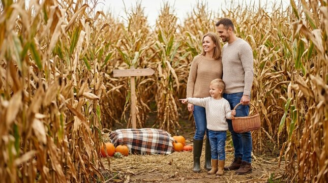 Family with young son standing in a corn maze during autumn. Happy parents and child exploring a farm path with pumpkins and a wooden signpost. Seasonal fall lifestyle concept