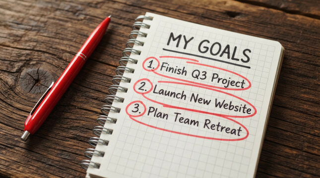 Business goal setting list in spiral notebook, handwritten project planning checklist on rustic wooden desk, strategic corporate objectives