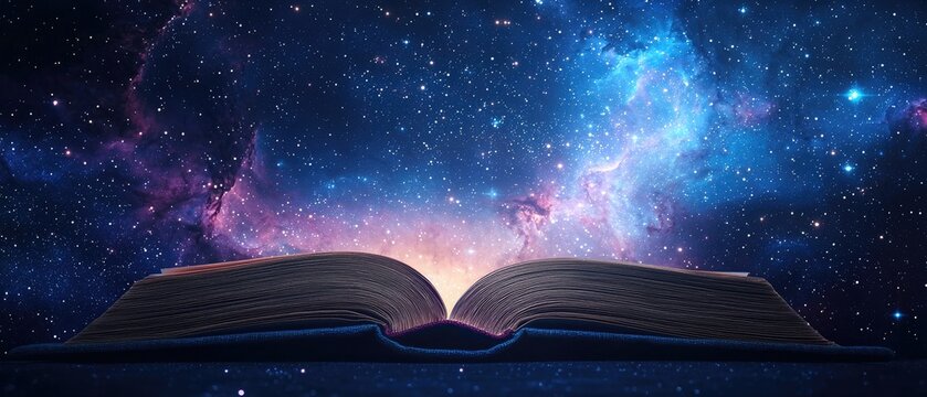 Open Book Under Starry Night Sky With Cosmic Background