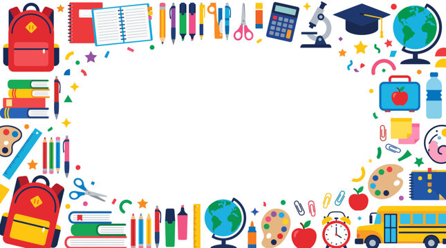 Back to school vector border frame template with school supplies and central copy space for education banner