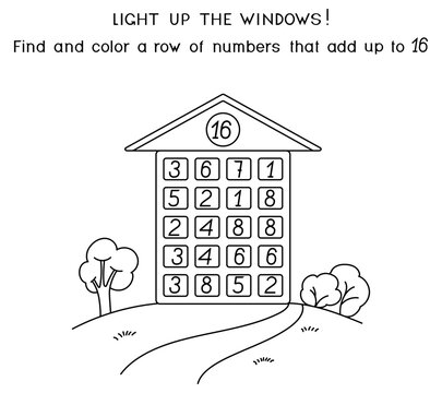 Coloring page with a math game for kids, "Light the Windows." Find a series of numbers that sum to 16