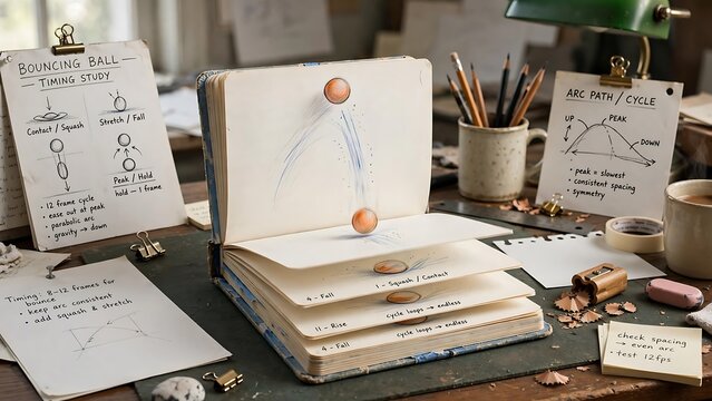 Bouncing Ball Animation Timing Study on Animator's Desk