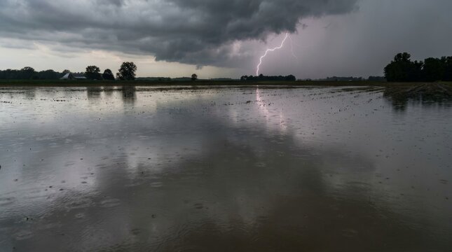 Powerful lightning bolt reflected in flooded farmland under dark sky