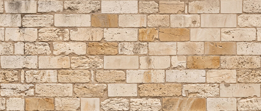 Rustic Beige Natural Stone Wall Texture with Weathered Limestone and Sandstone Masonry Blocks