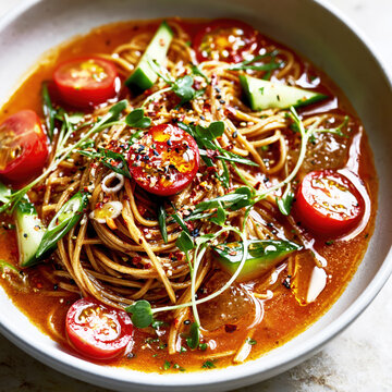 Cold Tomato and Kimchi Soba Noodle Soup with Fresh Vegetables &ndash; AI Generative