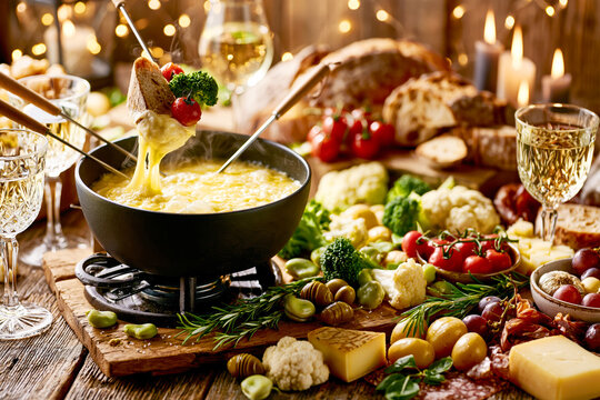 Luxury Swiss Cheese Fondue with Artisan Dippers &ndash; AI Generative