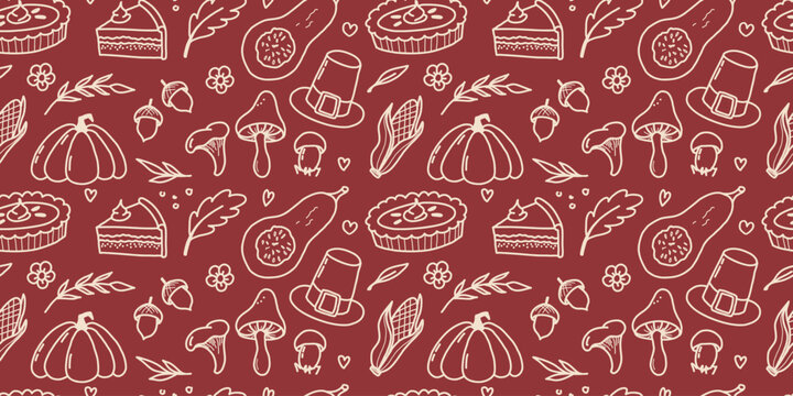 Thanksgiving Hand Drawn Seamless Pattern with Autumn Harvest Doodles