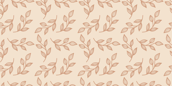 Hand drawn seamless botanical pattern featuring elegant leaf branches in a minimal outline style on a soft neutral background