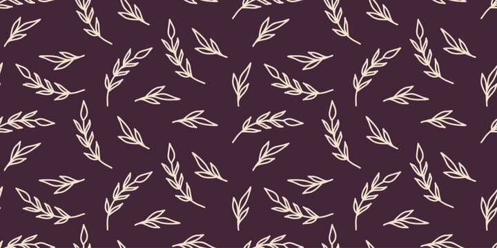 Hand drawn seamless botanical pattern featuring delicate leaf branches in a minimal outline style on a dark background