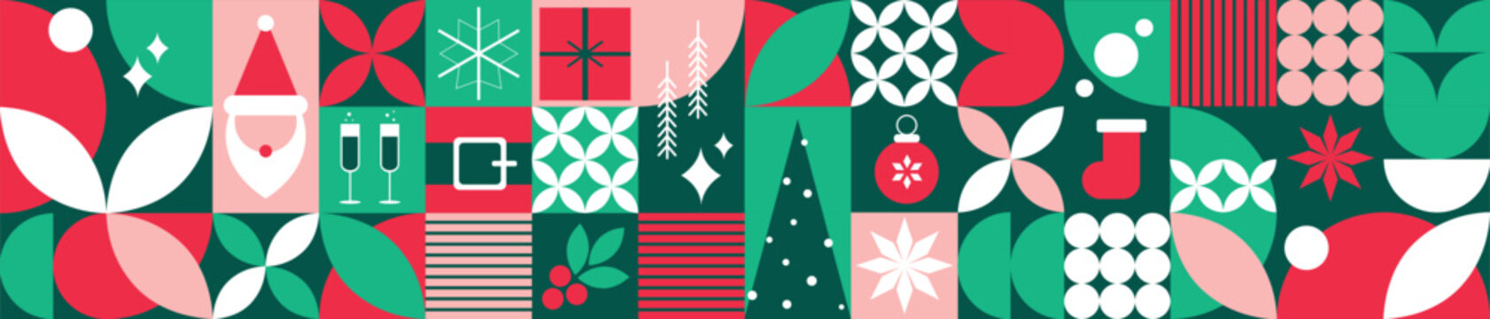Seamless geometric Christmas pattern with Santa, gifts, ornaments, stockings, holly, snowflakes, and festive abstract shapes. Perfect for wrapping paper, textiles, wallpaper, and holiday d&eacute;cor.