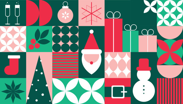 Modern geometric mosaic Christmas seamless pattern featuring Santa Claus, gifts, Christmas tree, stocking, ornament, snowman and Scandinavian holiday motifs on a festive colorful background 