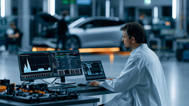 Engineer works at a computer station in an electric vehicle manufacturing facility during daytime hours