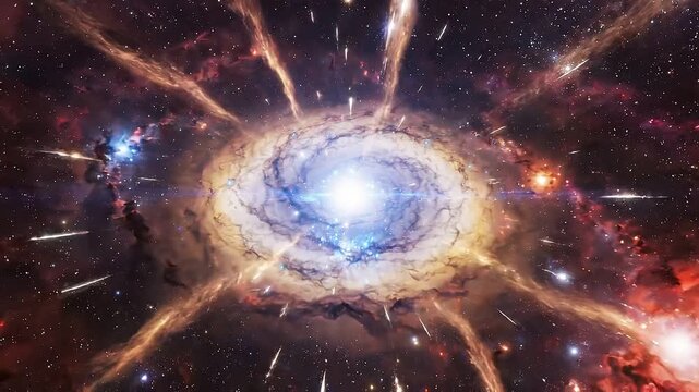 Supernova explosion in deep space. Glowing star nebula expanding in galaxy. Cosmic event with light rays and dust cloud. Scientific astronomy research animation.