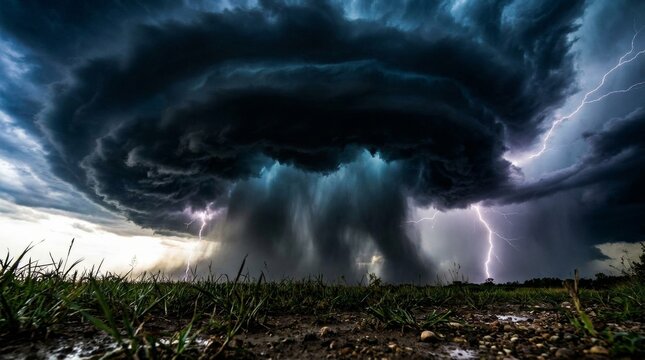 Massive supercell storm cloud with multiple lightning strikes over grass
