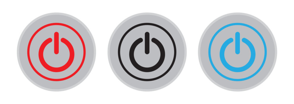 Power button icon set. Modern On Off switch featuring red, black and blue colors inside circle for user interface and technology design.