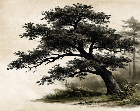 Vintage Oak Tree Botanical Illustration &ndash; AI Generative