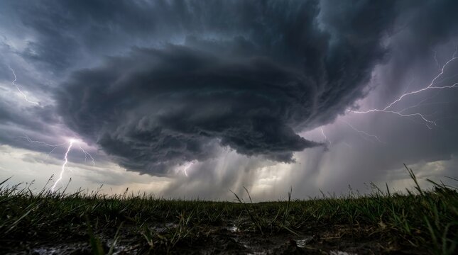 Rotating supercell storm with intense lightning over open grassy plain
