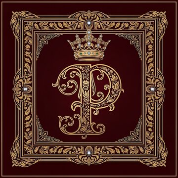 Intricate gold monogram on dark red background.
