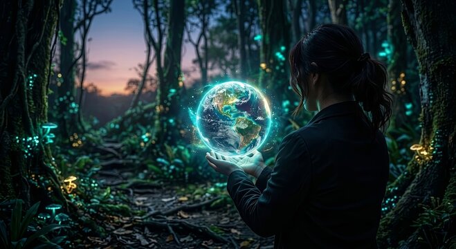 Woman holding glowing Earth globe in magical bioluminescent forest for environmental sustainability and save the planet concept