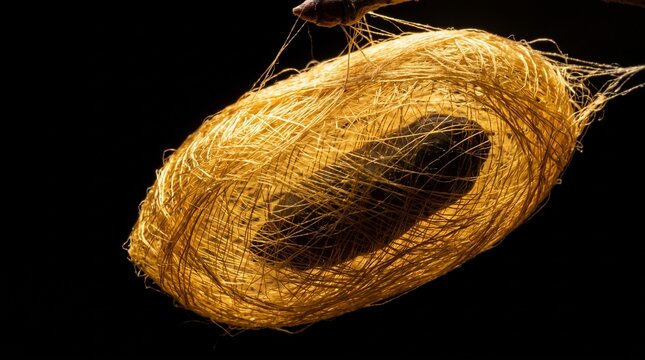 Golden silkworm cocoon showing the pupa chrysalis inside