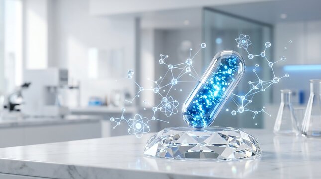 Medical capsule with glowing particles and molecular structure in laboratory setting