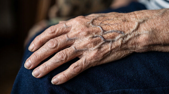 Aged hand of a tired craftsman sitting on a stool displaying Sarcopenia symptoms with visible veins and wrinkles