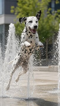 Dalmatian dog jumping through water jets in a public fountain, surrounded by greenery and modern buildings in a vibrant urban park setting