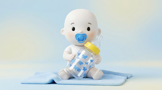 Cute 3D cartoon baby doll sitting with a blue pacifier holding a milk bottle with butterflies